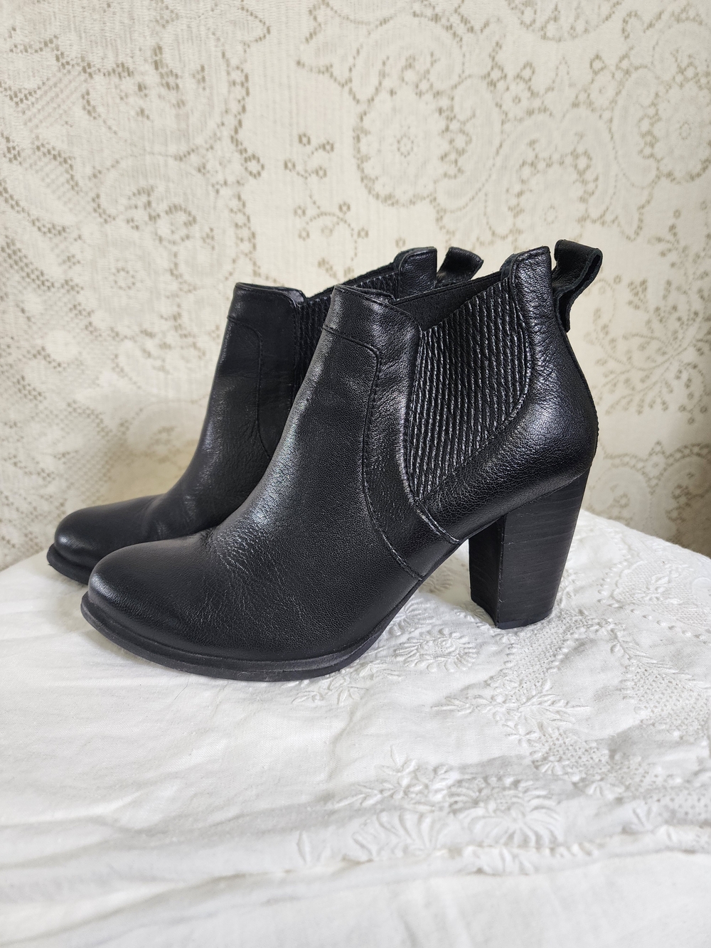 UGG Black Leather Block Heel Chelsea Booties